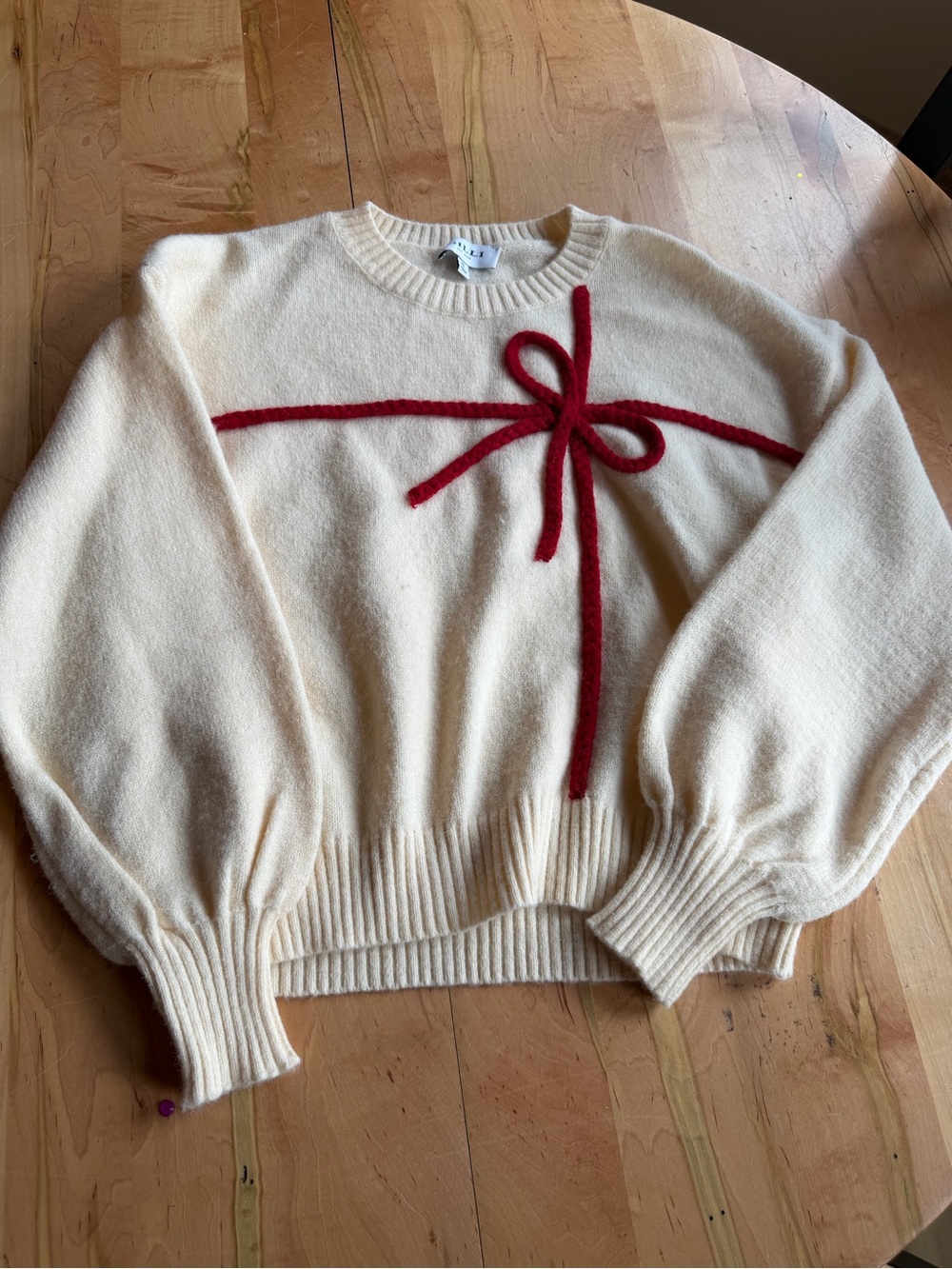 Gilli Cream Crewneck Sweater with Red Bow Detail